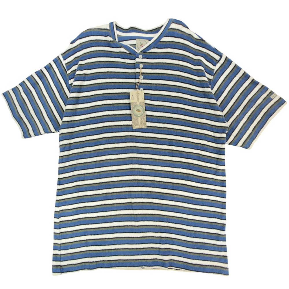 Ferruche Shirt Mens XL Henley Striped Short Sleeve Towel Terry Knit Blue NWT